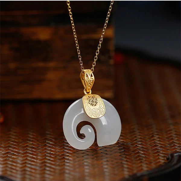 Stone Hetian Jade Elephant Pendant 18K Gold Plated Chain Necklace