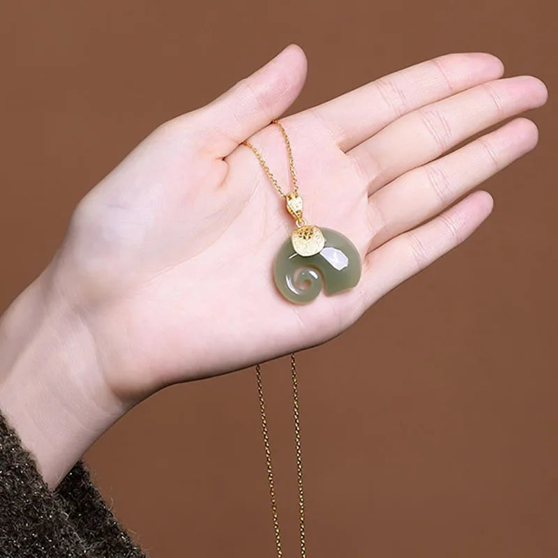 Stone Hetian Jade Elephant Pendant 18K Gold Plated Chain Necklace