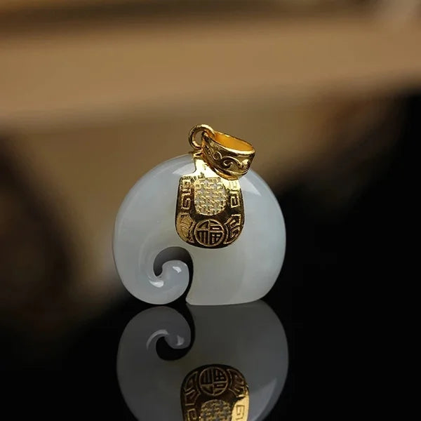 Stone Hetian Jade Elephant Pendant 18K Gold Plated Chain Necklace
