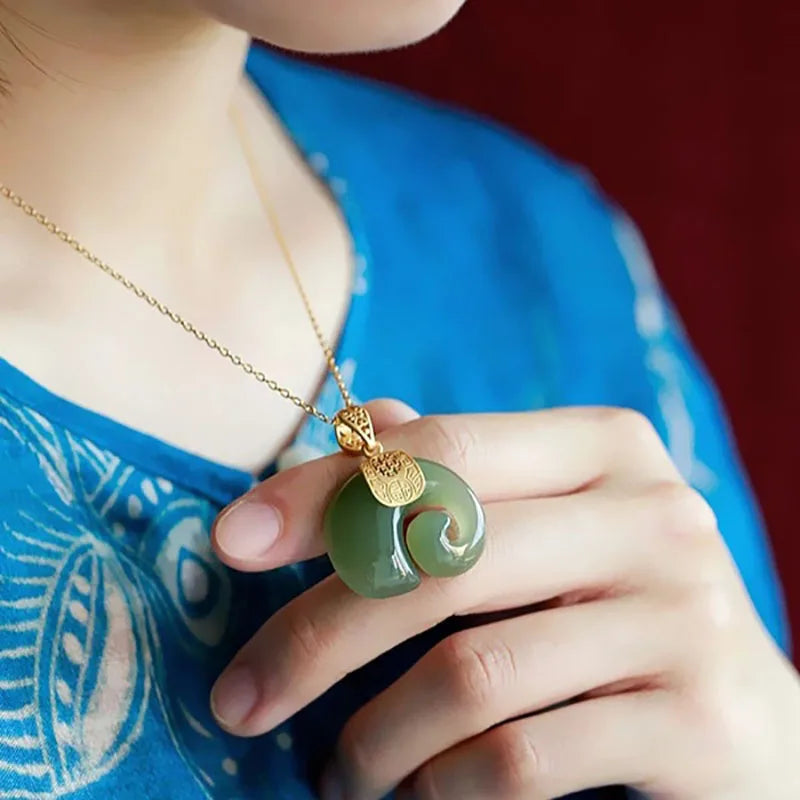 Stone Hetian Jade Elephant Pendant 18K Gold Plated Chain Necklace