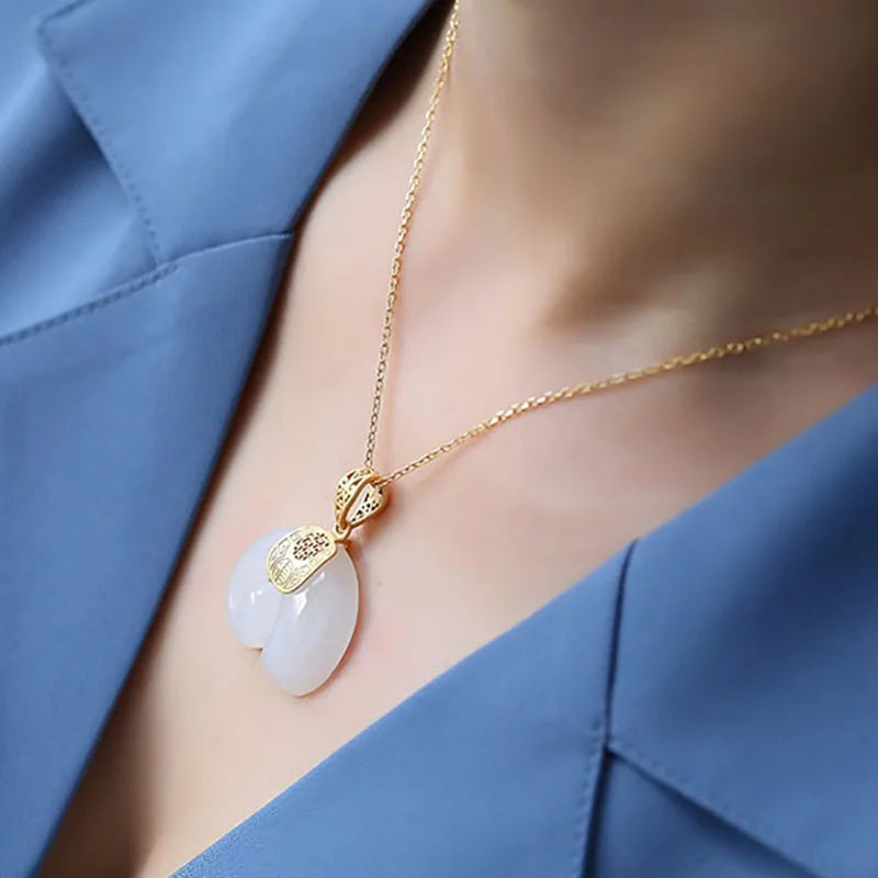 Stone Hetian Jade Elephant Pendant 18K Gold Plated Chain Necklace