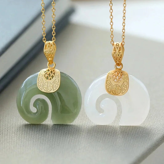 Stone Hetian Jade Elephant Pendant 18K Gold Plated Chain Necklace