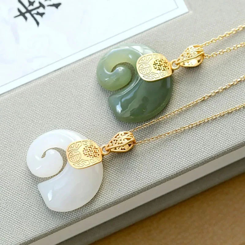 Stone Hetian Jade Elephant Pendant 18K Gold Plated Chain Necklace